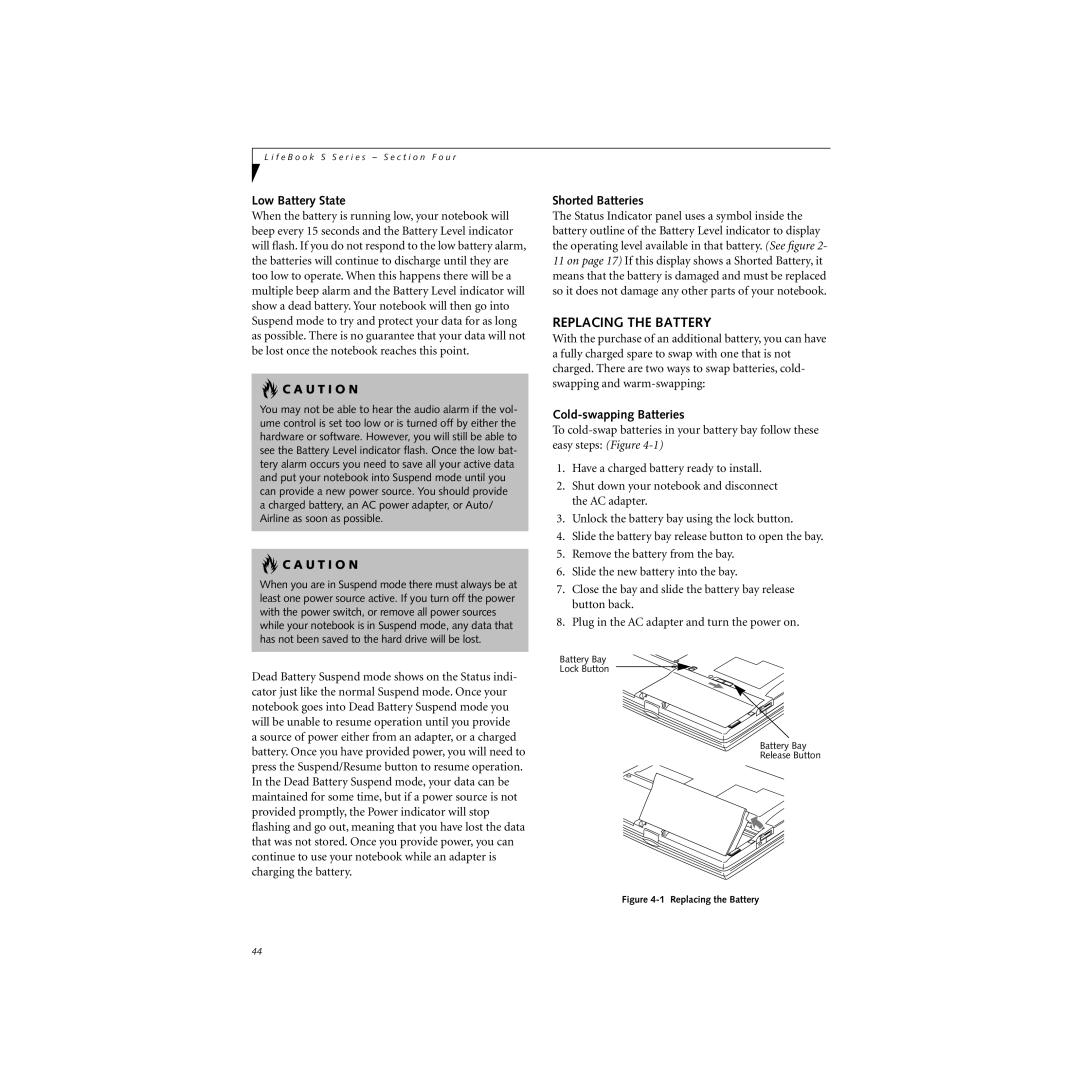 Cabin S Series.book manual Replacing the Battery, Low Battery State, Shorted Batteries, Cold-swapping Batteries 