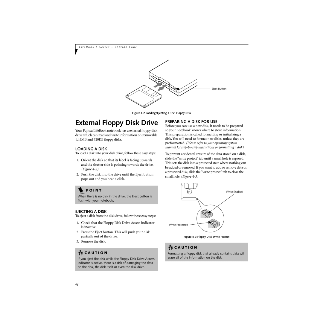 Cabin S Series.book manual Loading a Disk, Ejecting a Disk, Preparing a Disk for USE 