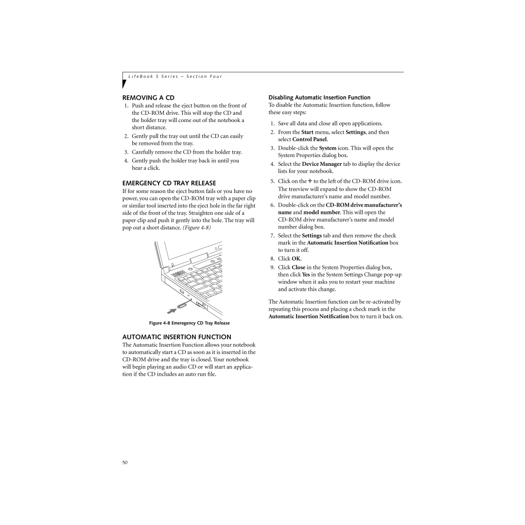 Cabin S Series.book manual Removing a CD, Emergency CD Tray Release, Automatic Insertion Function 