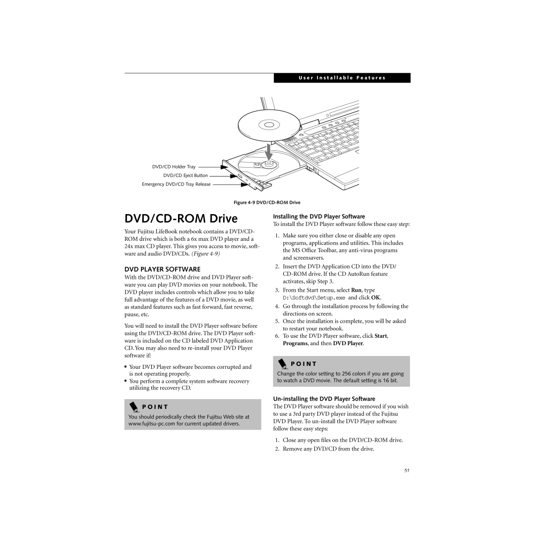 Cabin S Series.book manual DVD/CD-ROM Drive, Installing the DVD Player Software, Un-installing the DVD Player Software 