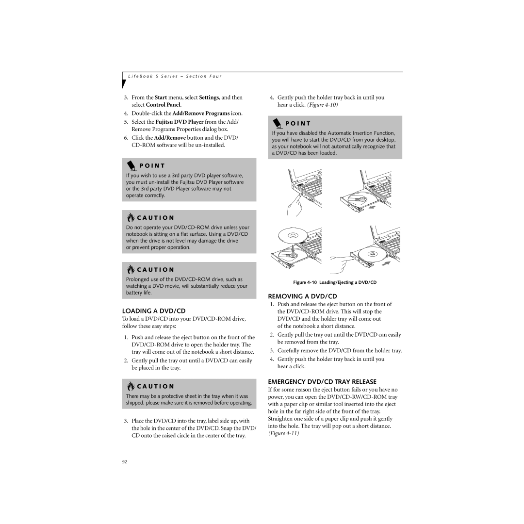 Cabin S Series.book manual Loading a DVD/CD, Removing a DVD/CD, Emergency DVD/CD Tray Release 