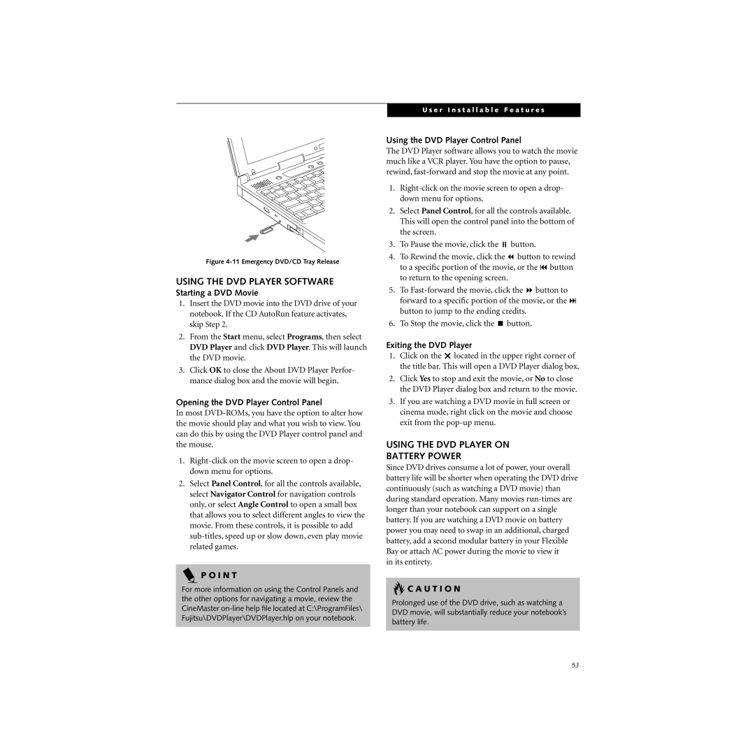 Cabin S Series.book manual Using the DVD Player Software, Using the DVD Player on Battery Power 