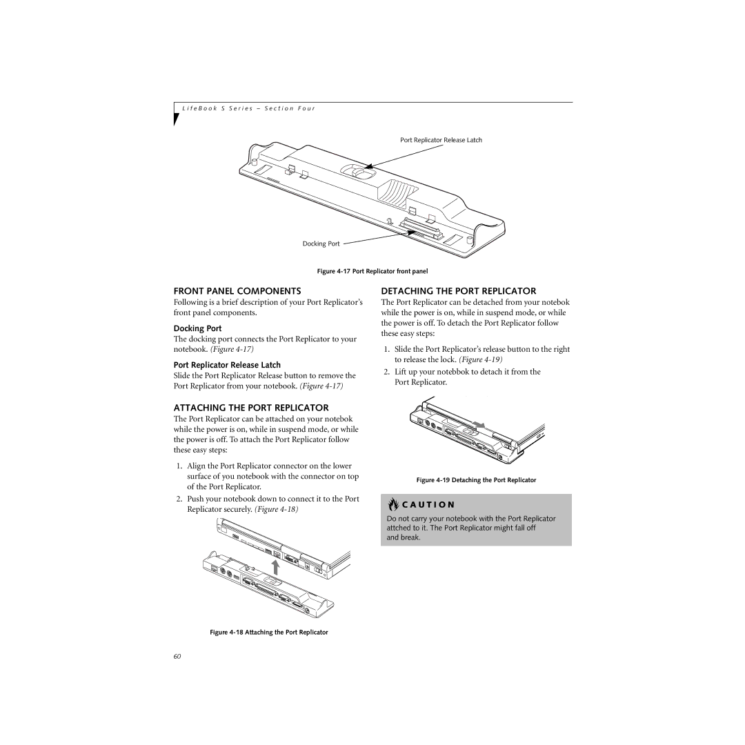 Cabin S Series.book Front Panel Components, Detaching the Port Replicator, Attaching the Port Replicator, Docking Port 