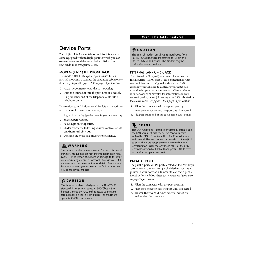 Cabin S Series.book manual Device Ports, Modem RJ-11 Telephone Jack, Internal LAN RJ-45 Jack, Parallel Port 