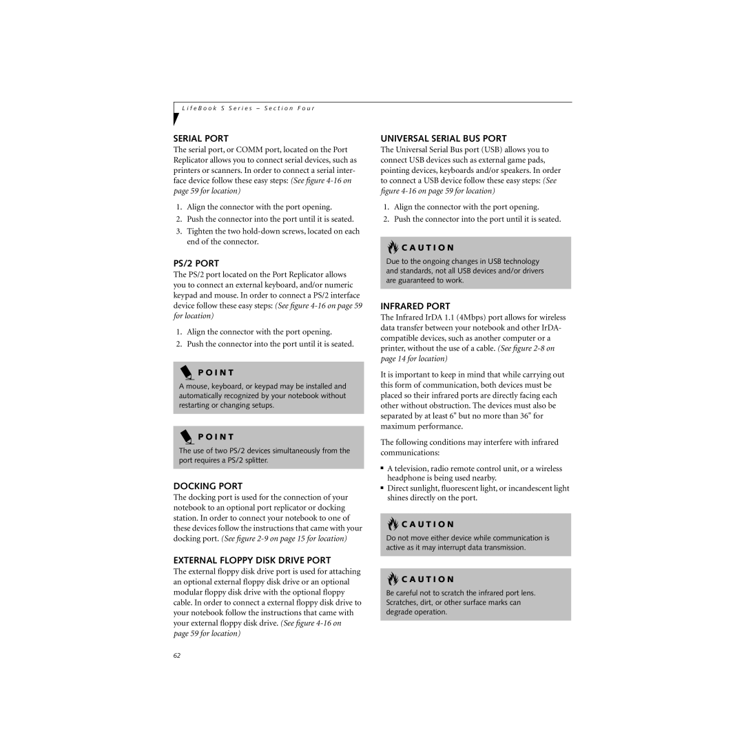 Cabin S Series.book manual Serial Port, PS/2 Port, Docking Port, External Floppy Disk Drive Port, Universal Serial BUS Port 
