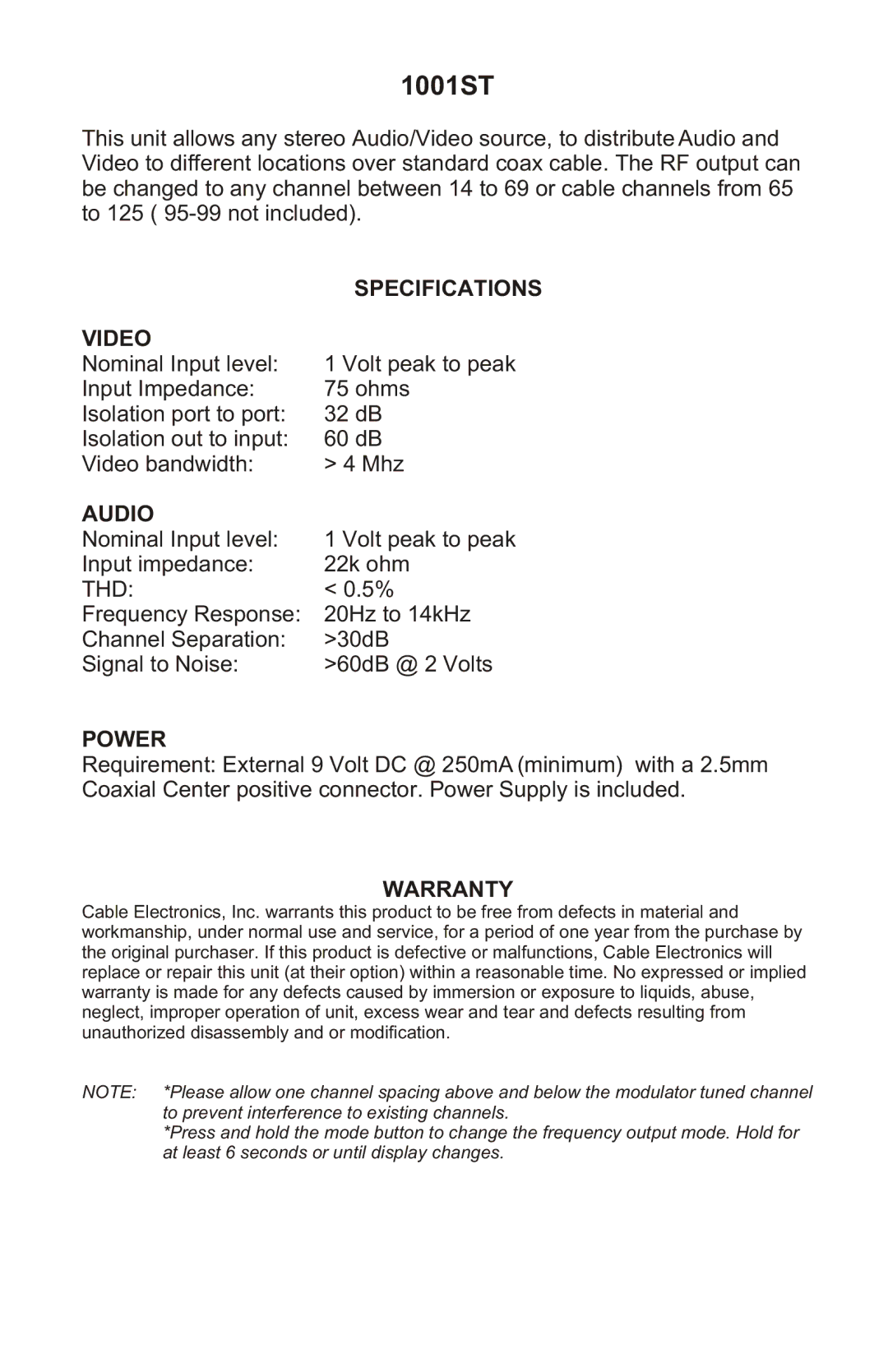 Cable Electronics 1001ST brochure 