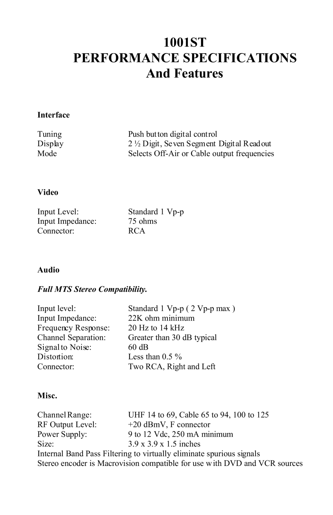 Cable Electronics 1001ST brochure Performance Specifications 