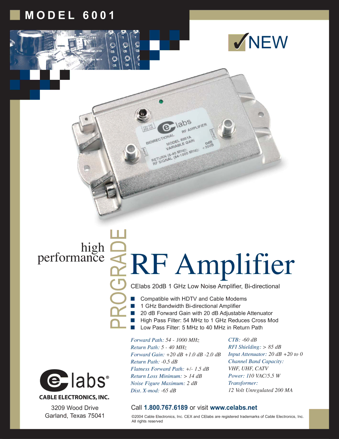 Cable Electronics 6001 manual RF Amplifier, CElabs 20dB 1 GHz Low Noise Amplifier, Bi-directional 