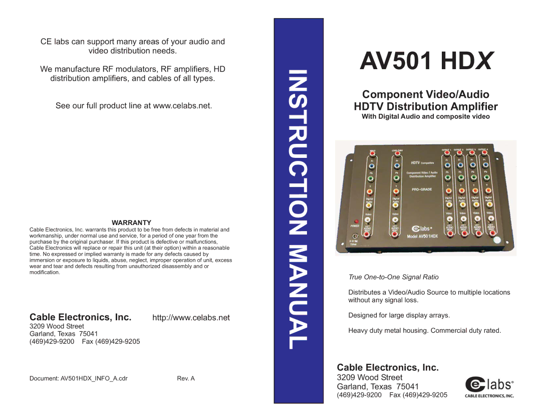 Cable Electronics AV501 HDX instruction manual Warranty, With Digital Audio and composite video 