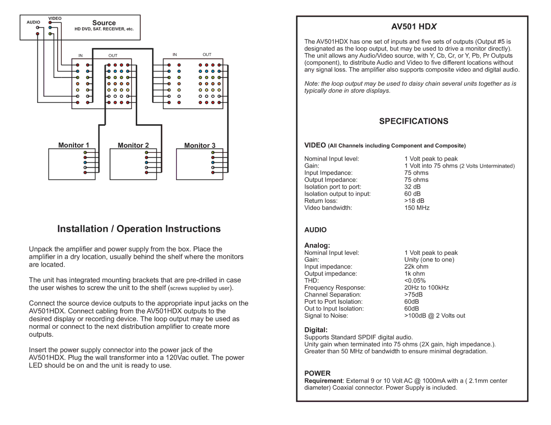 Cable Electronics AV501 HDX instruction manual Specifications, Audio, Power 