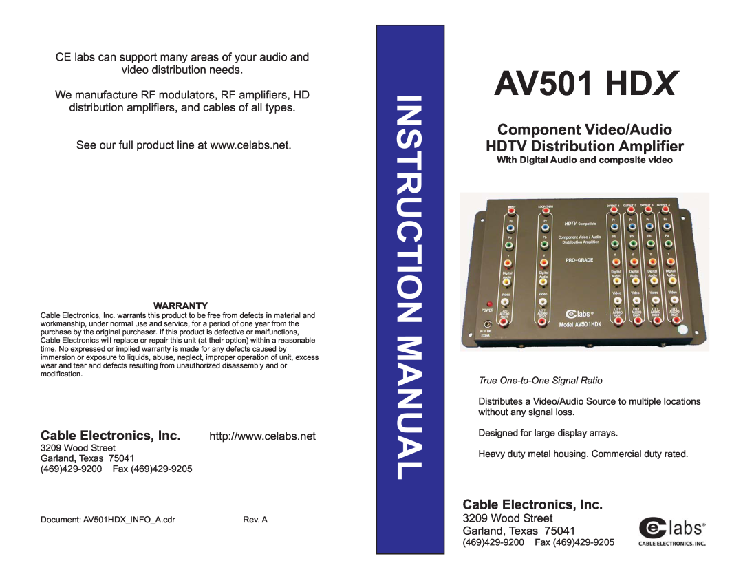 Cable Electronics AV501 HDX instruction manual Cable Electronics, Inc, Warranty, With Digital Audio and composite video 