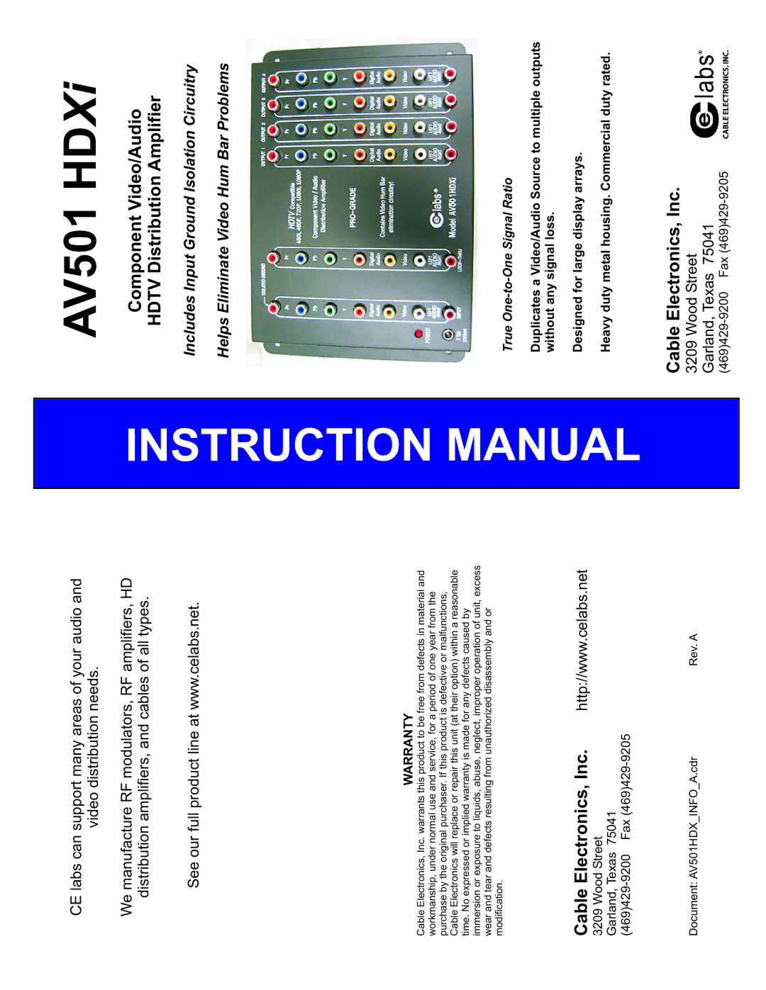 Cable Electronics AV501HDXi warranty ComponentVideo/Audio HDTVDistribution Amplifier, IncElectronics,Cable, Warranty 