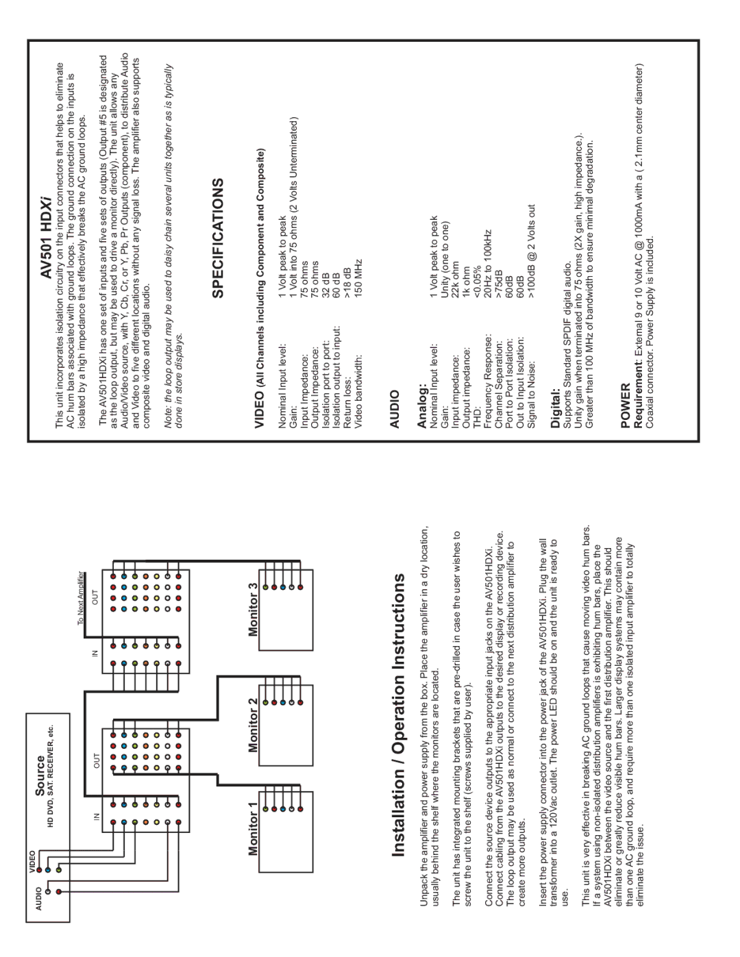 Cable Electronics AV501HDXi warranty InstructionsOperation/Installation, Audio, Power 