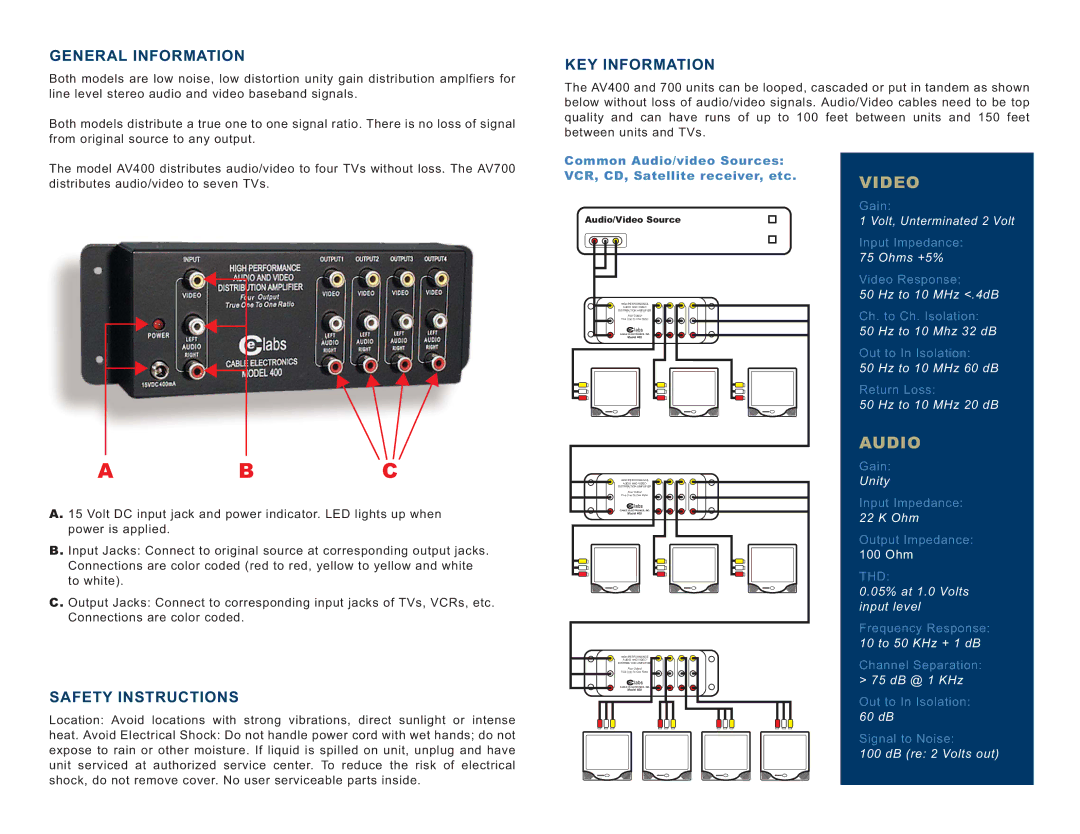 Cable Electronics AV700, AV400 instruction manual Video, Audio, General Information, KEY Information, Safety Instructions 