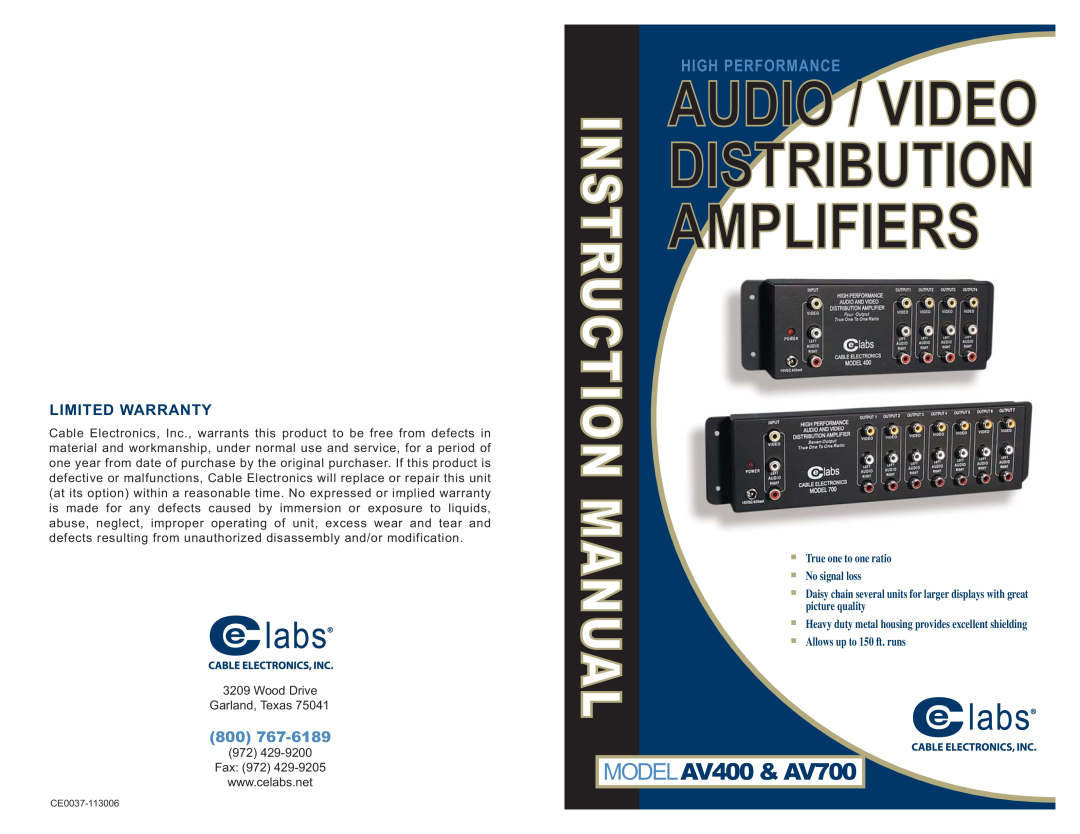 Cable Electronics AV400 instruction manual Limited Warranty, Amplifiers, Audio / Video, Distribution, Manual, 800767-6189 
