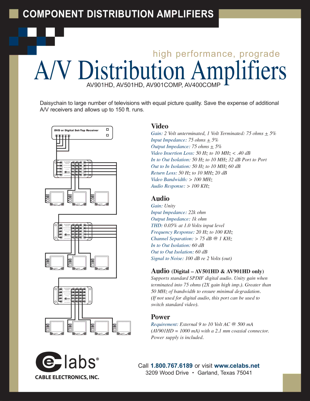 Cable Electronics AV501HD, AV901HD, AV901COMP, AV400COMP manual Video, Audio, Power 