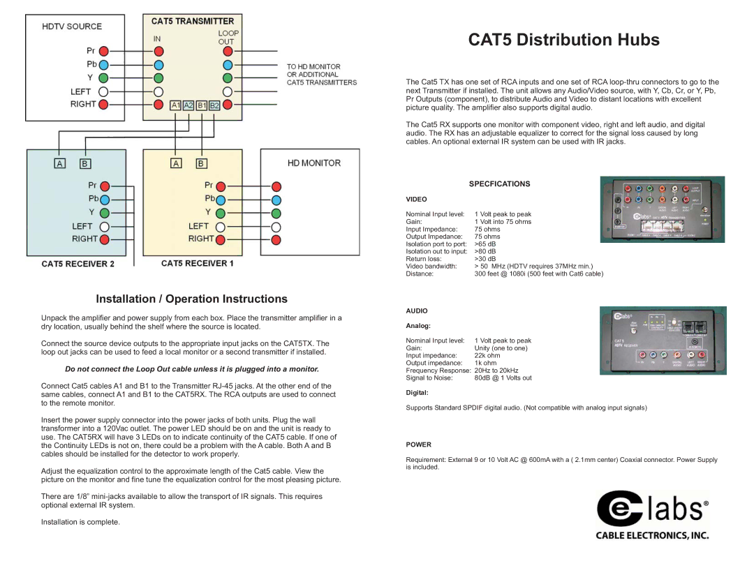 Cable Electronics Distribution Hub and Receiver warranty CAT5 Distribution Hubs, Installation / Operation Instructions 