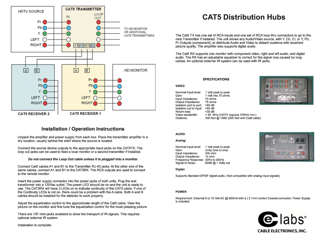 Cable Electronics Distribution Hub and Receiver warranty CAT5 Distribution Hubs, Installation / Operation Instructions 