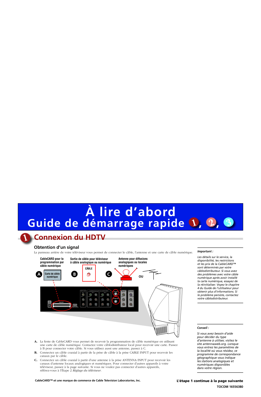Cable Electronics DVDR7300H manual Obtention d’un signal, Tocom, À lire d’abord, Guide de démarrage rapide, numériques 