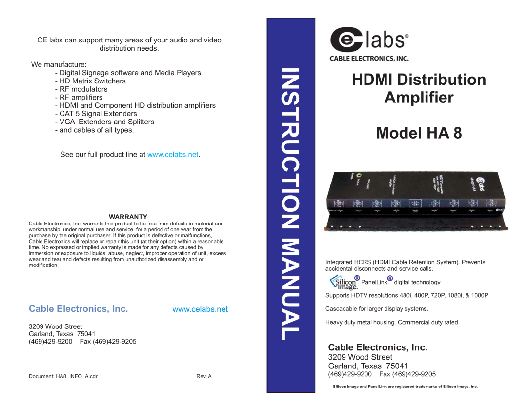 Cable Electronics HA 8 instruction manual Hdmi Distribution Amplifier Model HA 