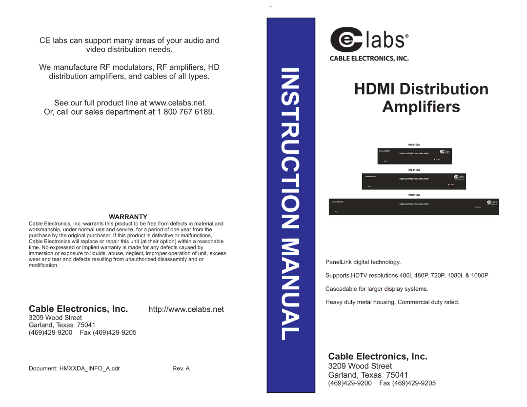 Cable Electronics HM21DA, HM41DA, HM81DA instruction manual Hdmi Distribution 