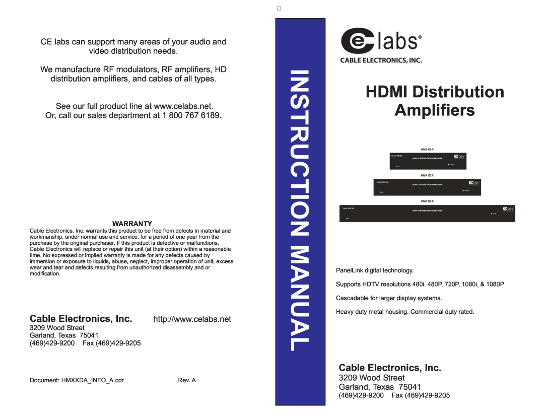 Cable Electronics HM21DA instruction manual HDMI Distribution, Amplifiers, Cable Electronics, Inc, Wood Street, Manual 
