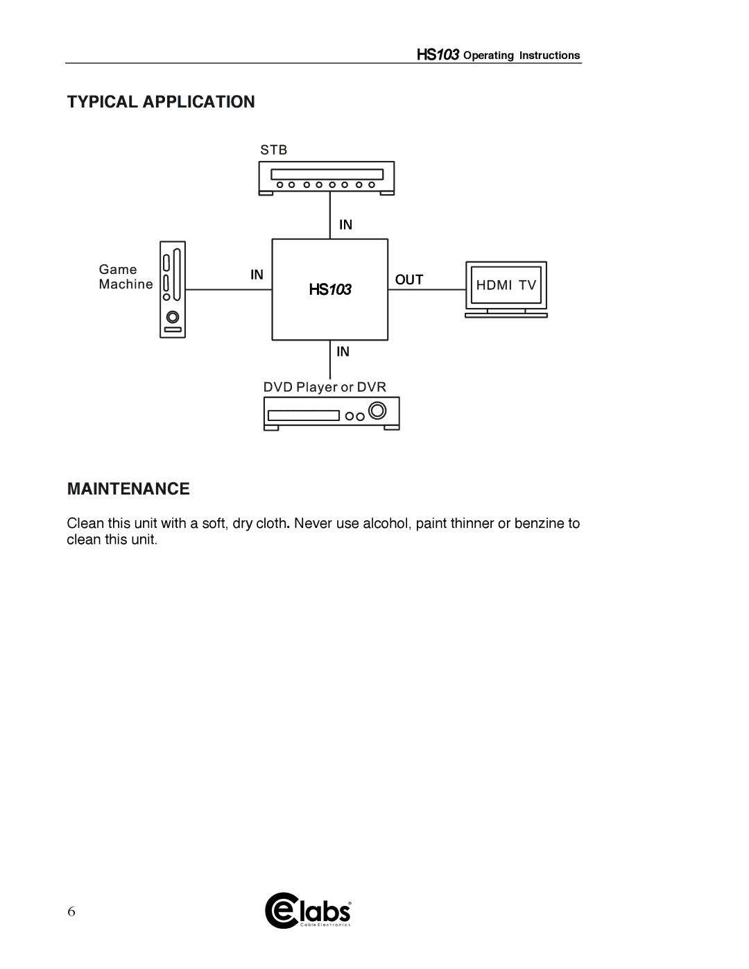 Cable Electronics HS103 manual Typical Application, Maintenance, Product Service 