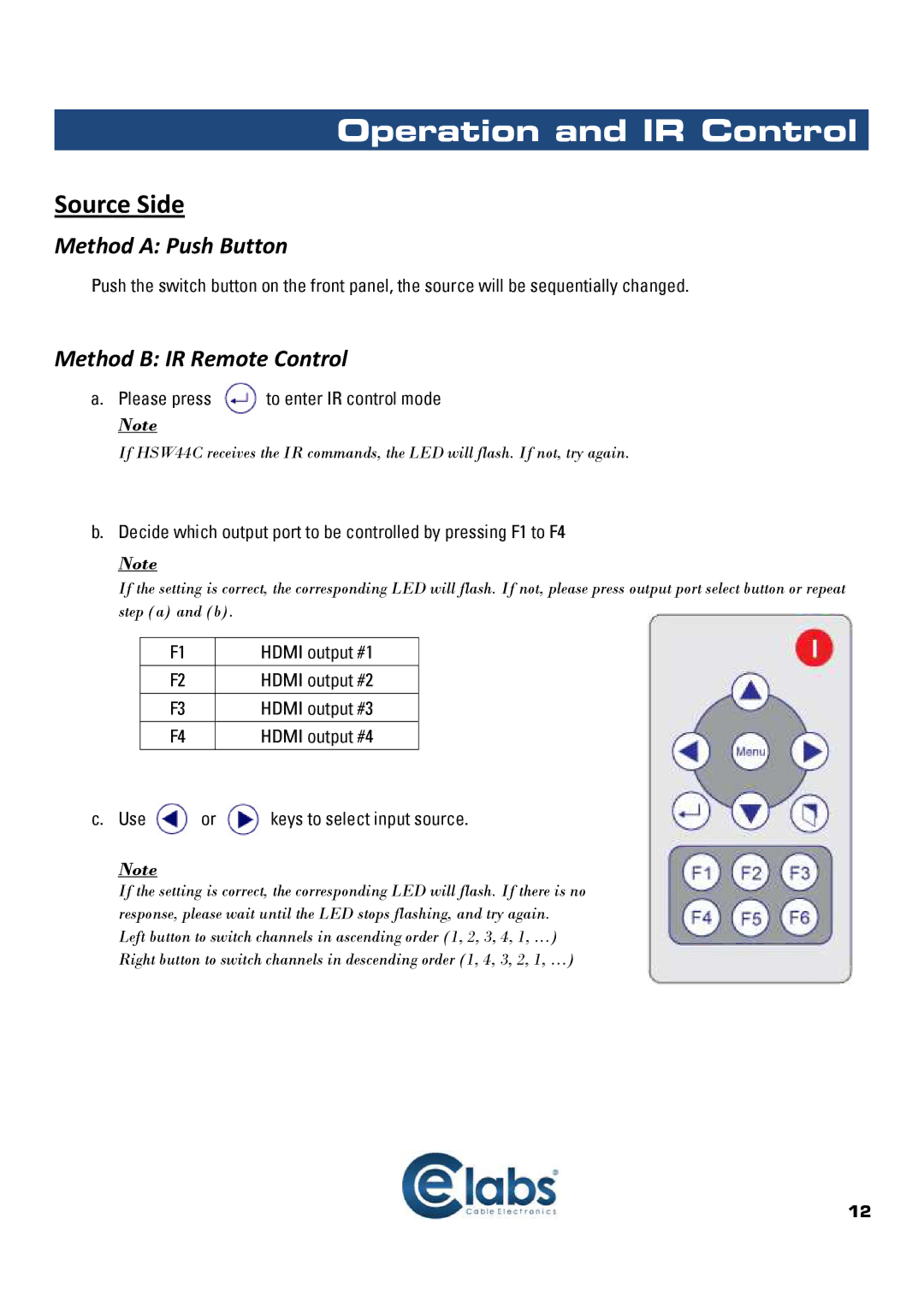 Cable Electronics HSW44C instruction manual Operation and IR Control, Source Side 