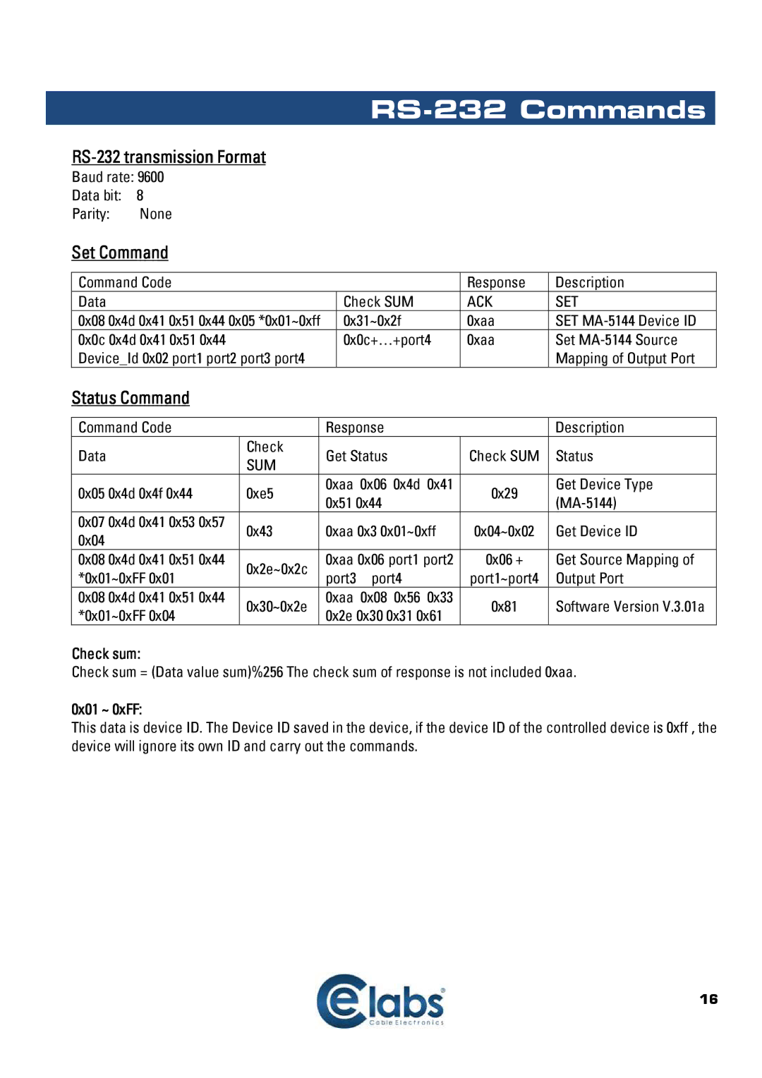 Cable Electronics HSW44C instruction manual RS-232 Commands, Check sum, 0x01 ~ 0xFF 