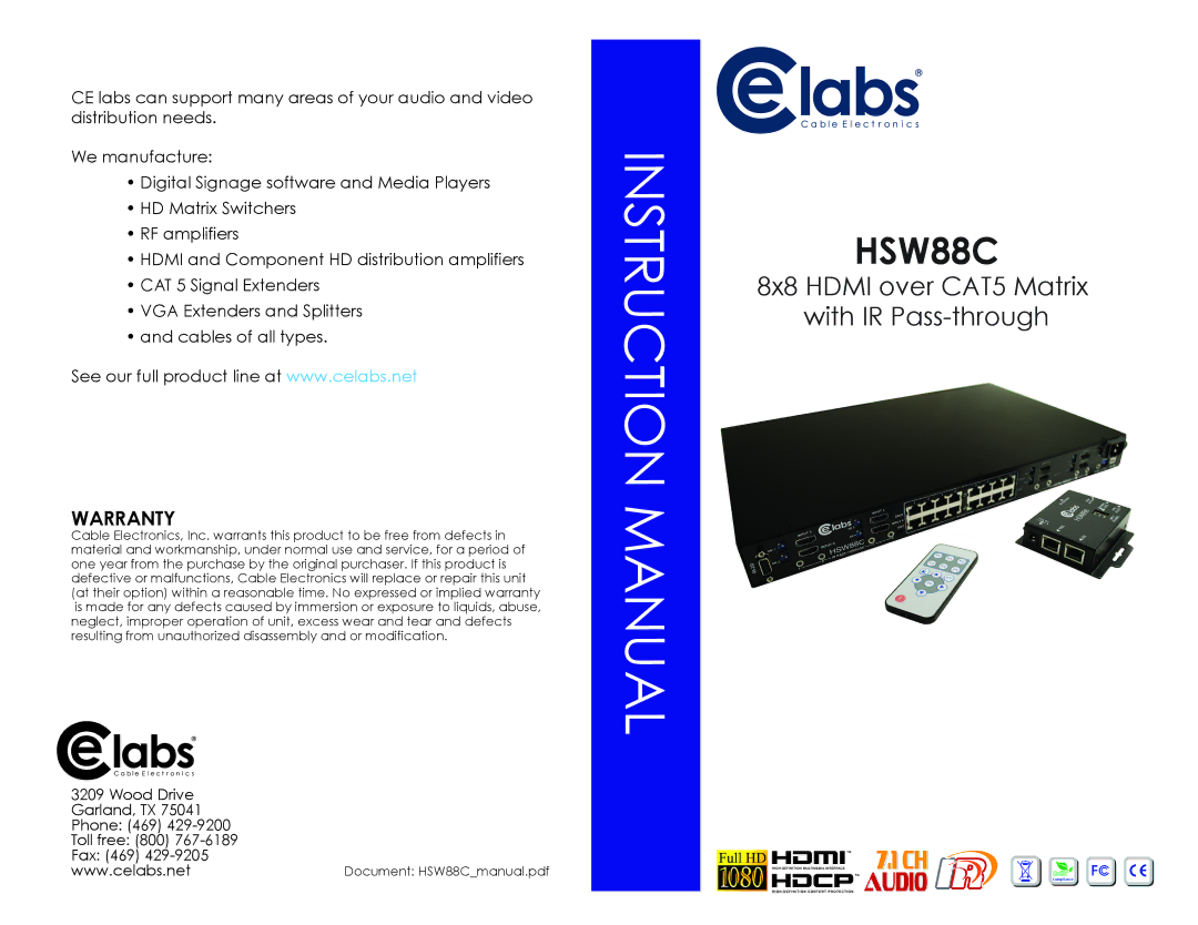 Cable Electronics HSW88C instruction manual 