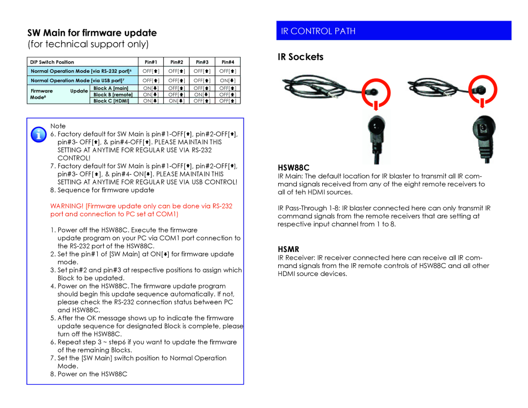 Cable Electronics HSW88C instruction manual SW Main for firmware update for technical support only, IR Control Path 