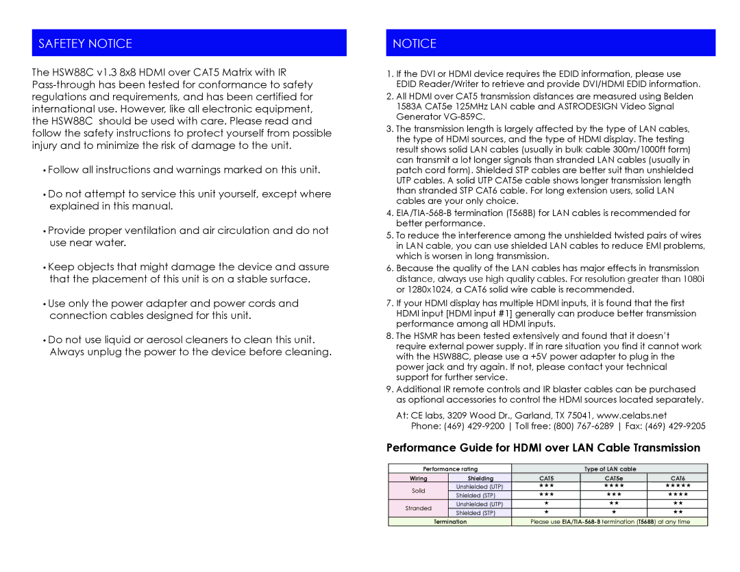 Cable Electronics HSW88C instruction manual Safetey Notice, Performance Guide for Hdmi over LAN Cable Transmission 