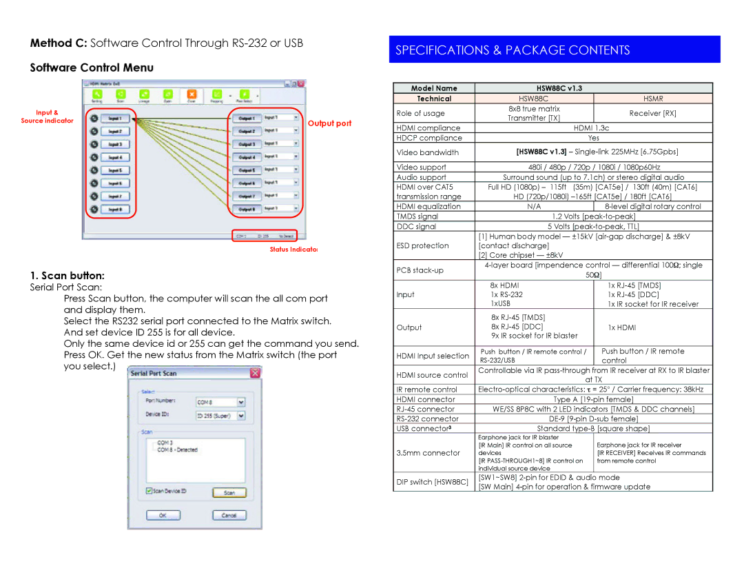 Cable Electronics HSW88C instruction manual Specifications & Package Contents 