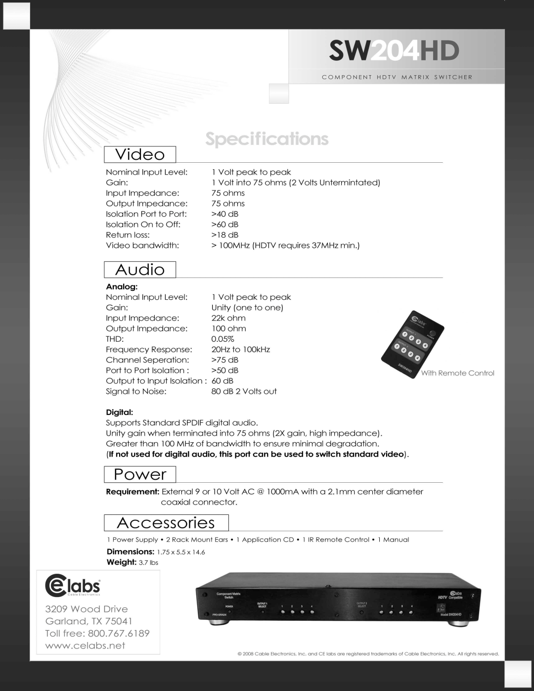 Cable Electronics SW204HD manual 