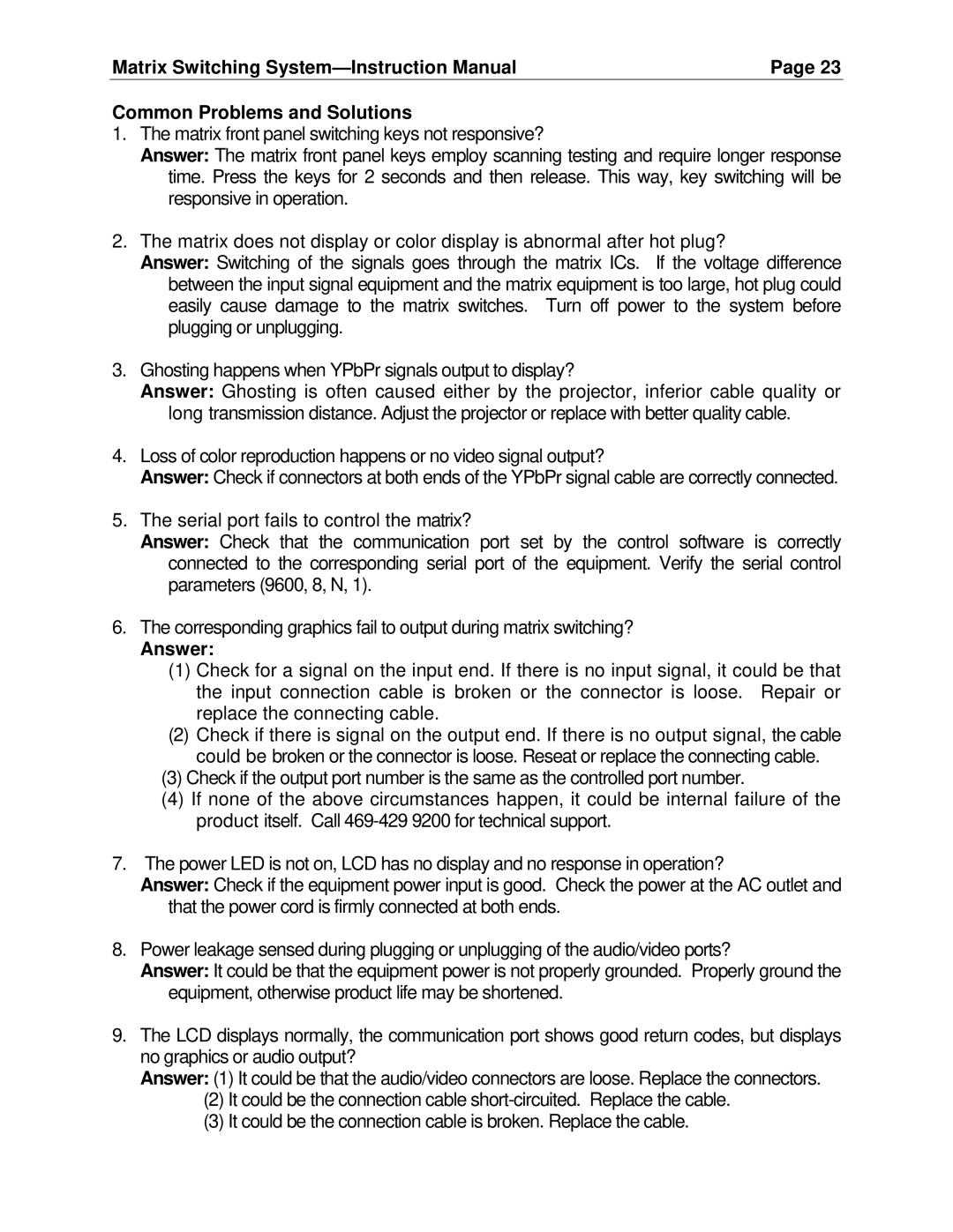 Cable Electronics SW404HD, SW808HD manual Common Problems and Solutions, Answer 