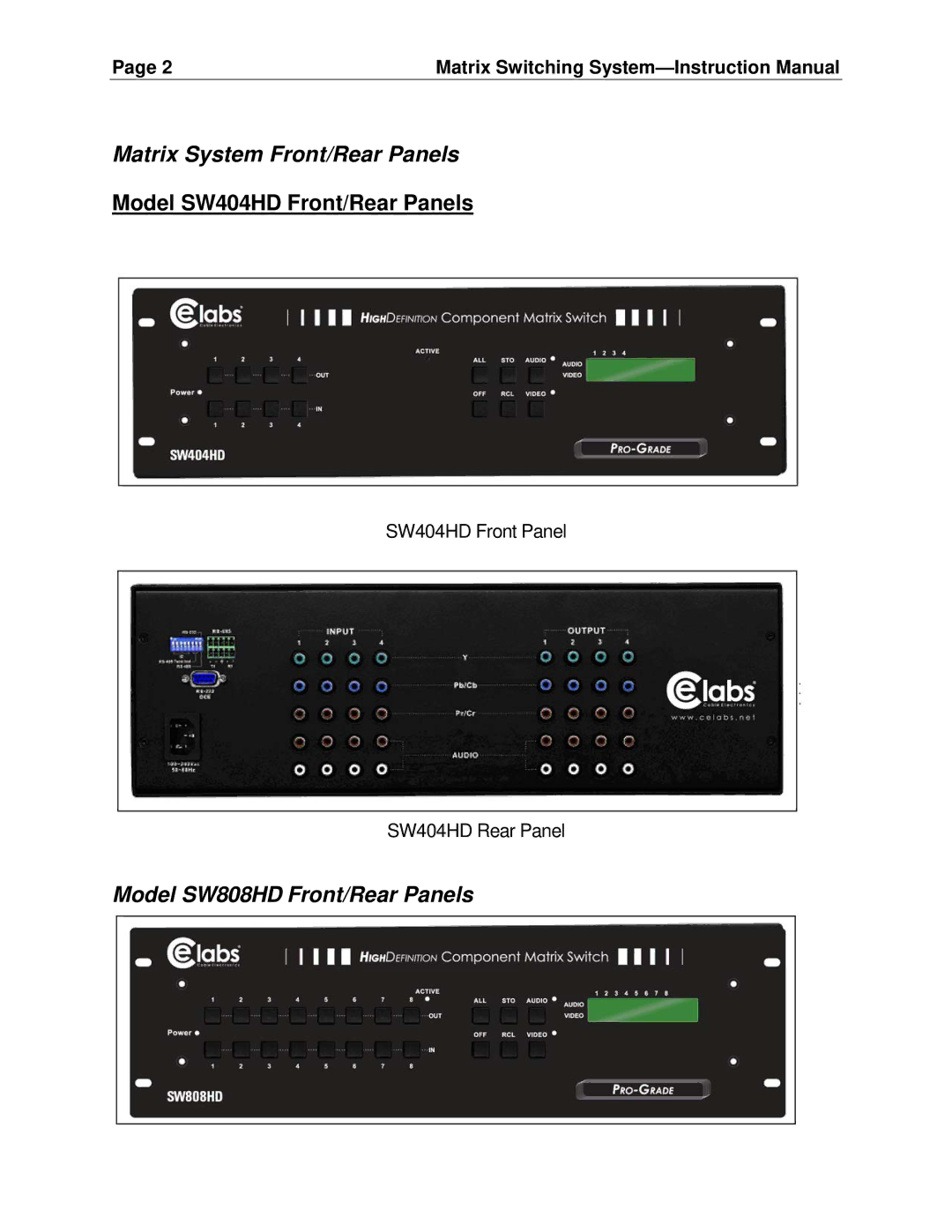 Cable Electronics SW808HD manual Matrix System Front/Rear Panels, Model SW404HD Front/Rear Panels 