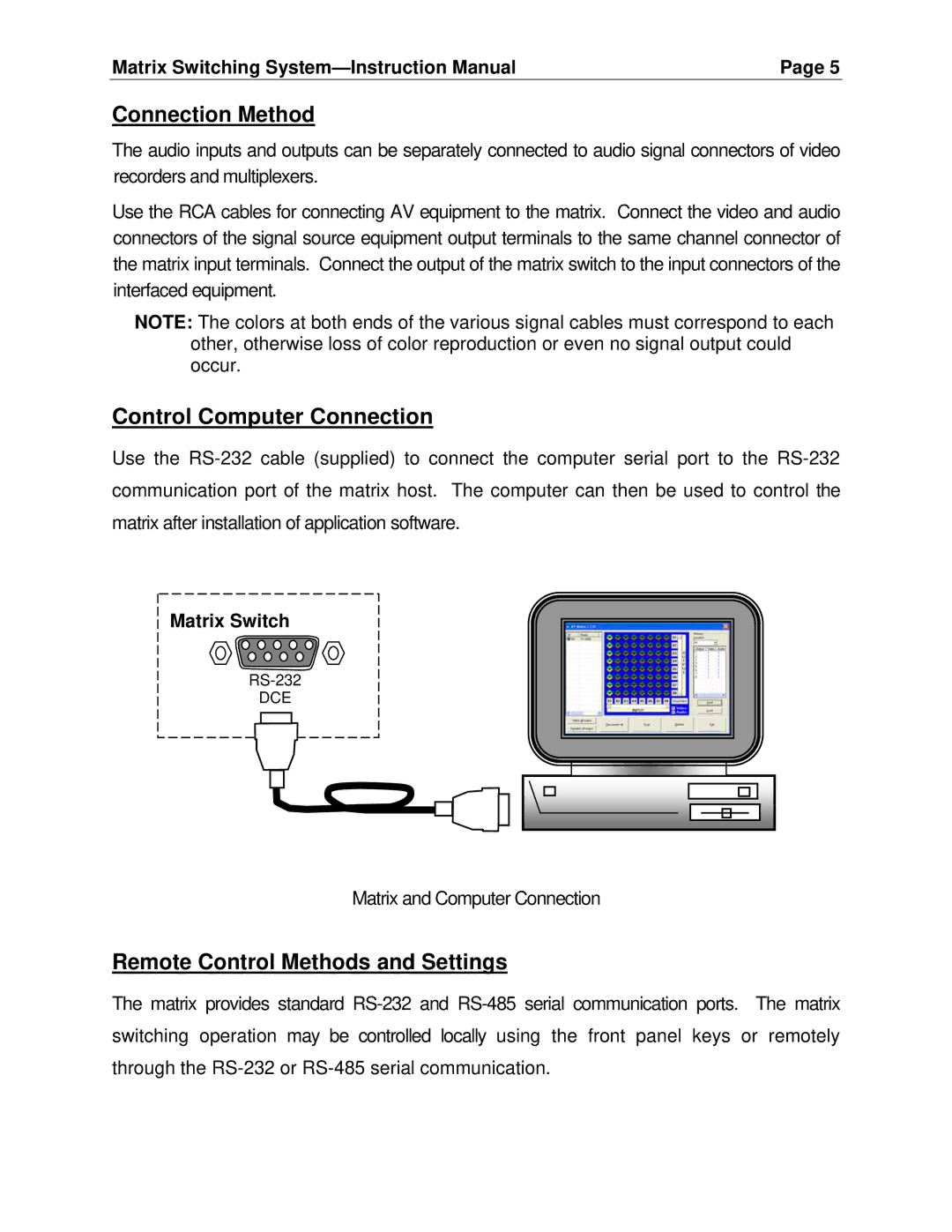 Cable Electronics SW404HD, SW808HD Connection Method, Control Computer Connection, Remote Control Methods and Settings 