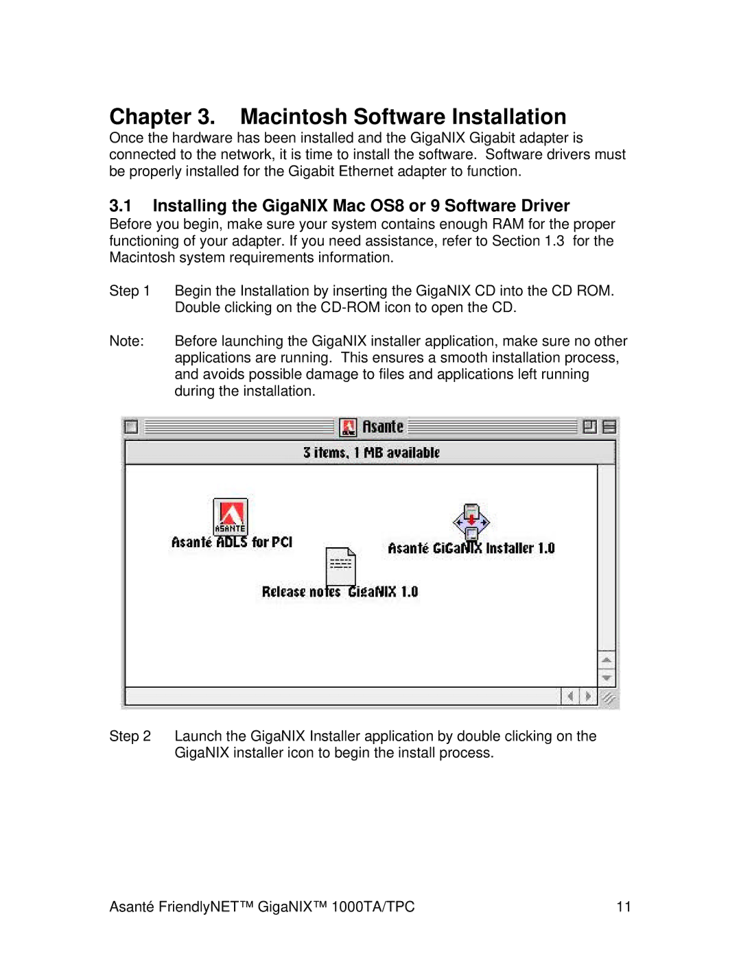 Cables to Go 1000TA/TPC user manual Macintosh Software Installation, Installing the GigaNIX Mac OS8 or 9 Software Driver 