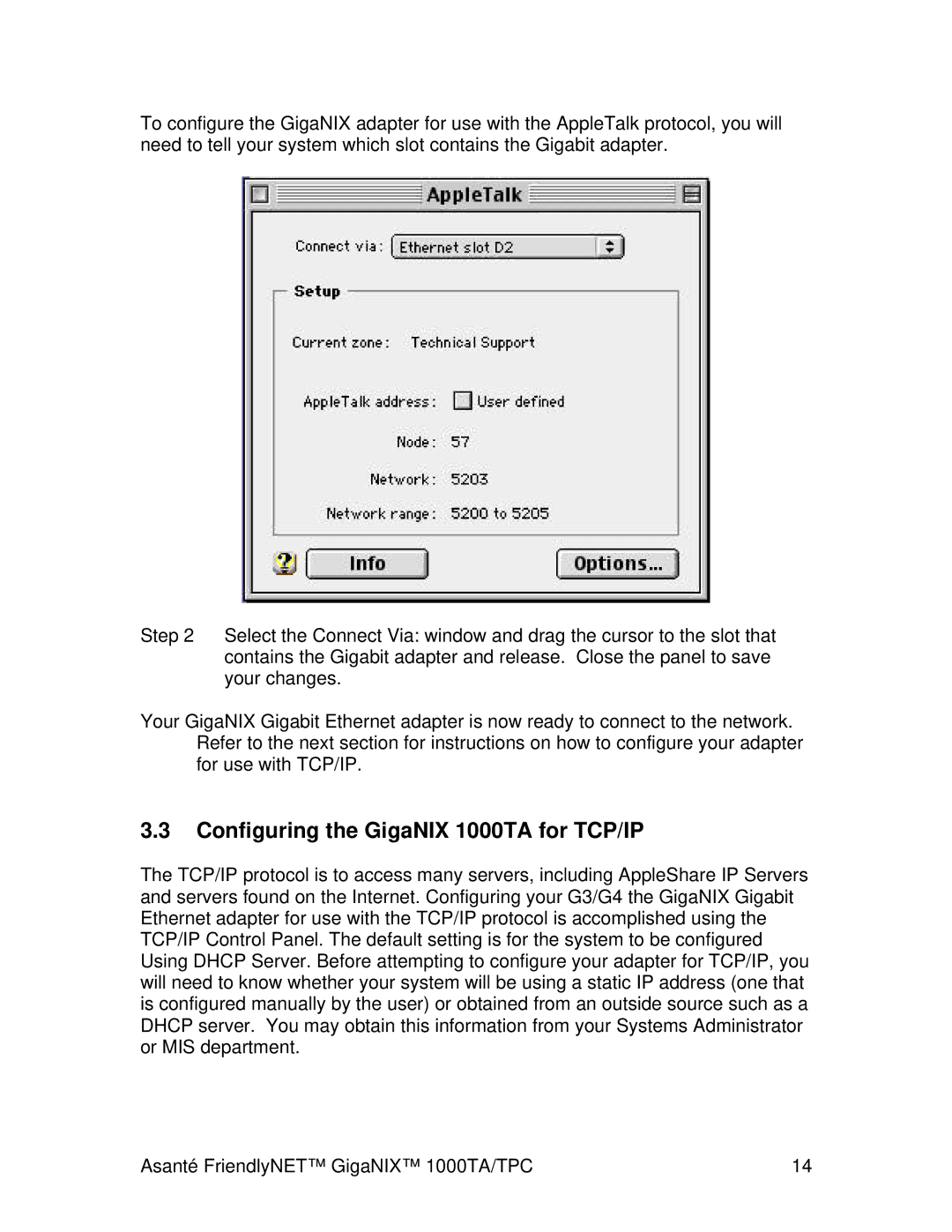 Cables to Go 1000TA/TPC user manual Configuring the GigaNIX 1000TA for TCP/IP 