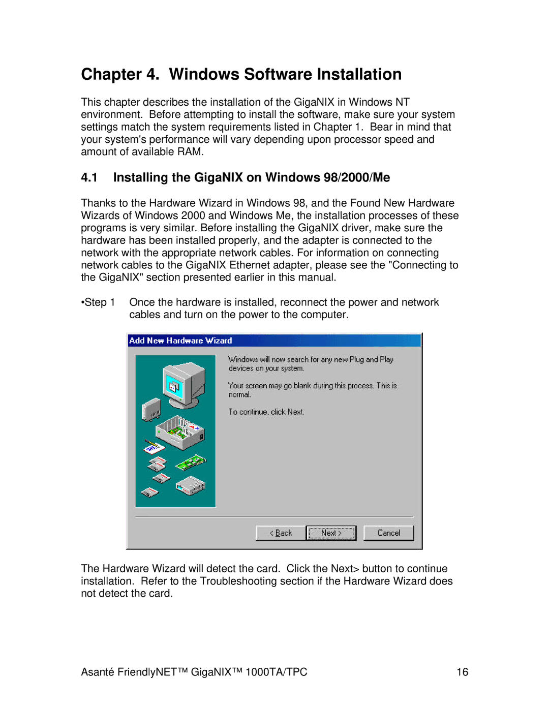 Cables to Go 1000TA/TPC user manual Windows Software Installation, Installing the GigaNIX on Windows 98/2000/Me 