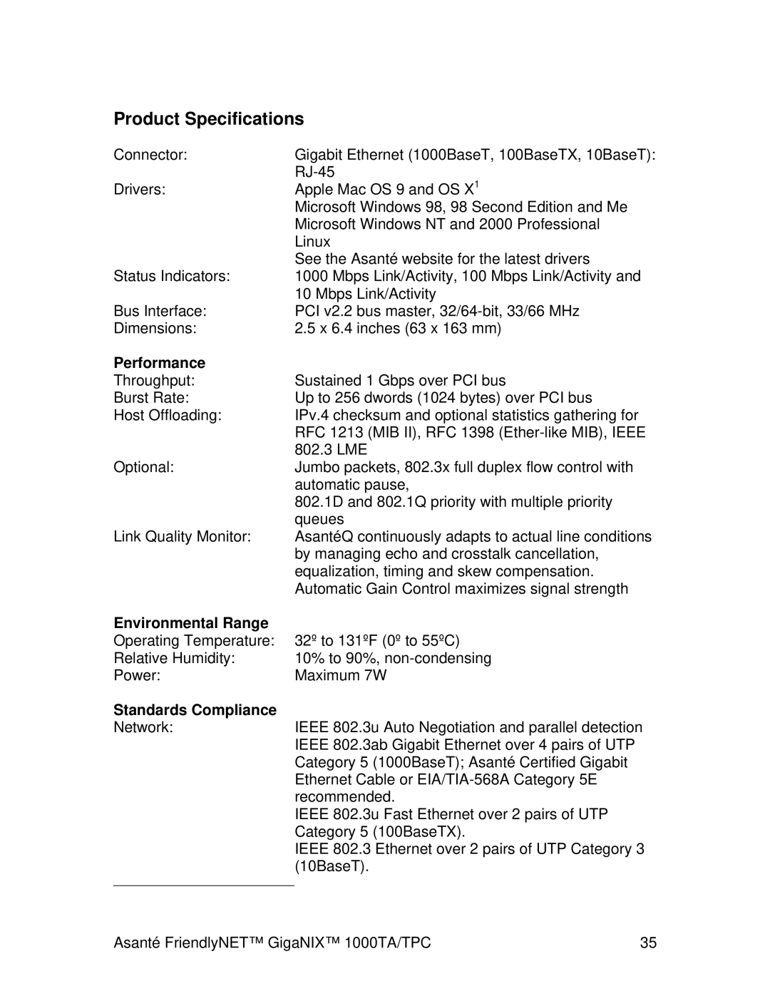 Cables to Go 1000TA/TPC user manual Product Specifications, Performance 