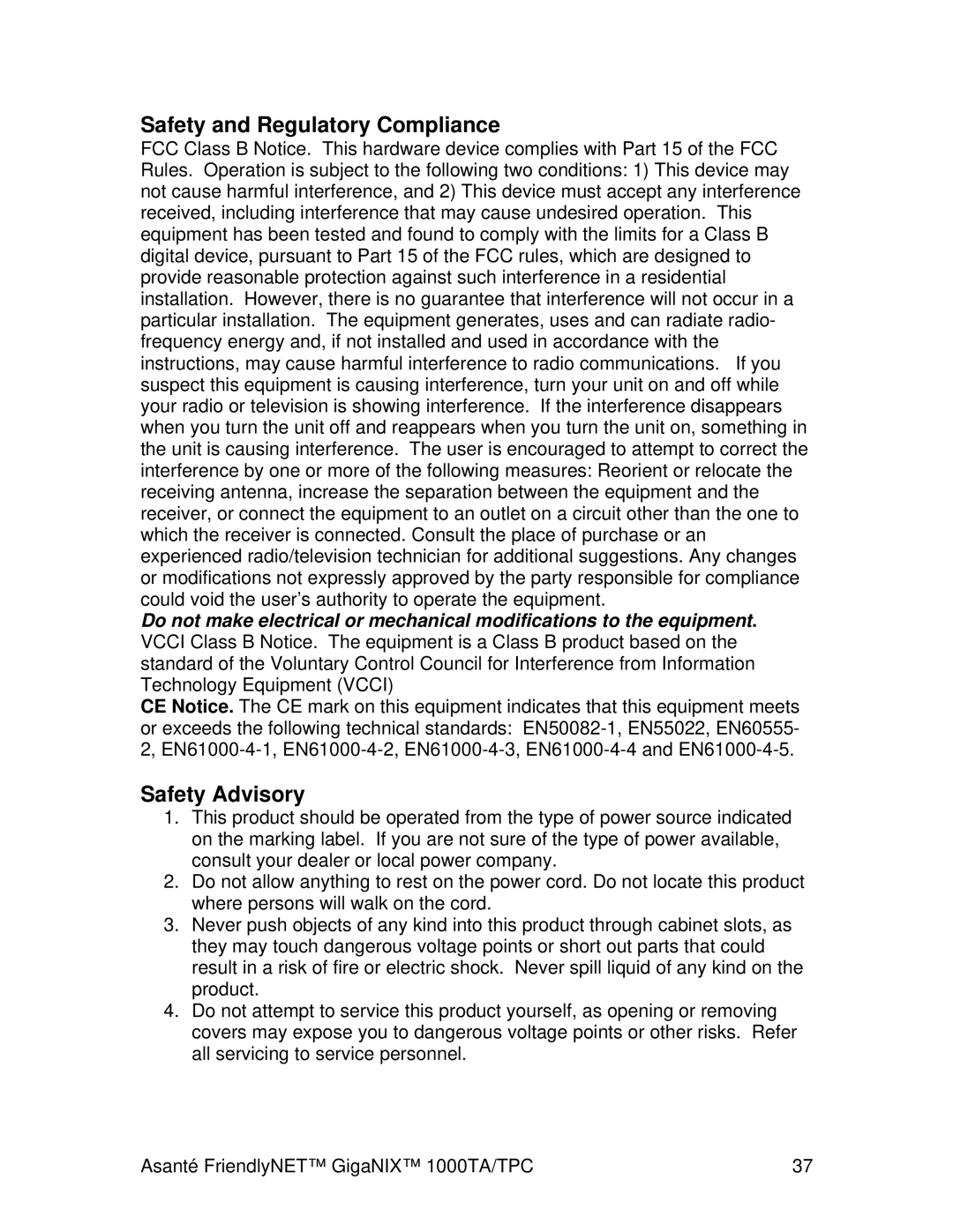 Cables to Go 1000TA/TPC user manual Safety and Regulatory Compliance, Safety Advisory 