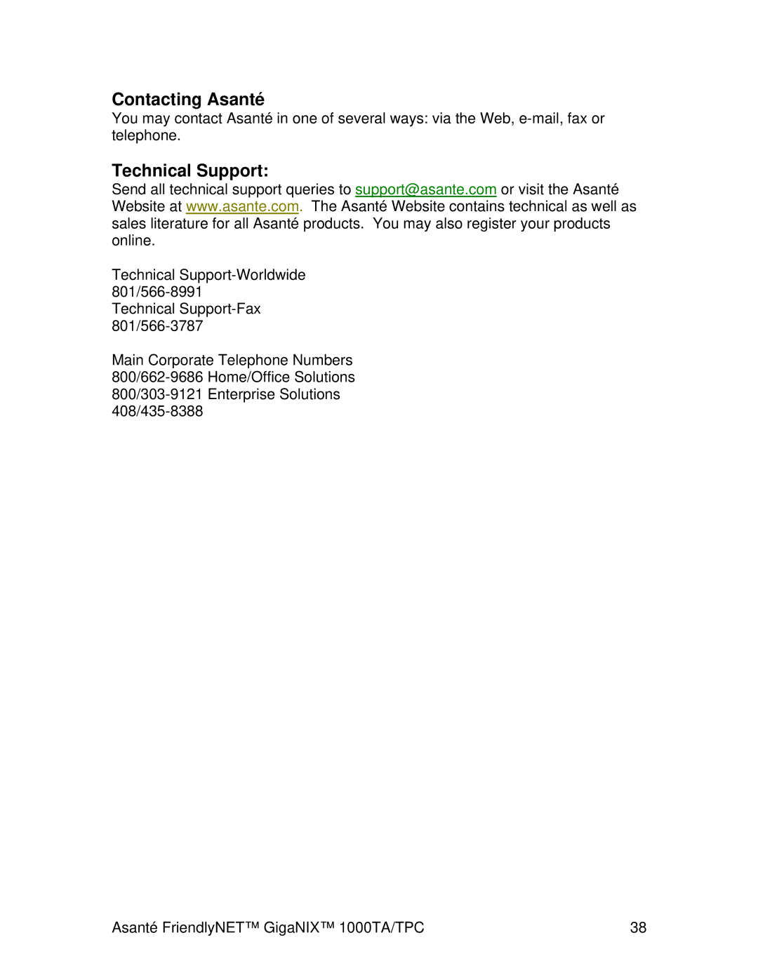 Cables to Go 1000TA/TPC user manual Contacting Asanté, Technical Support 