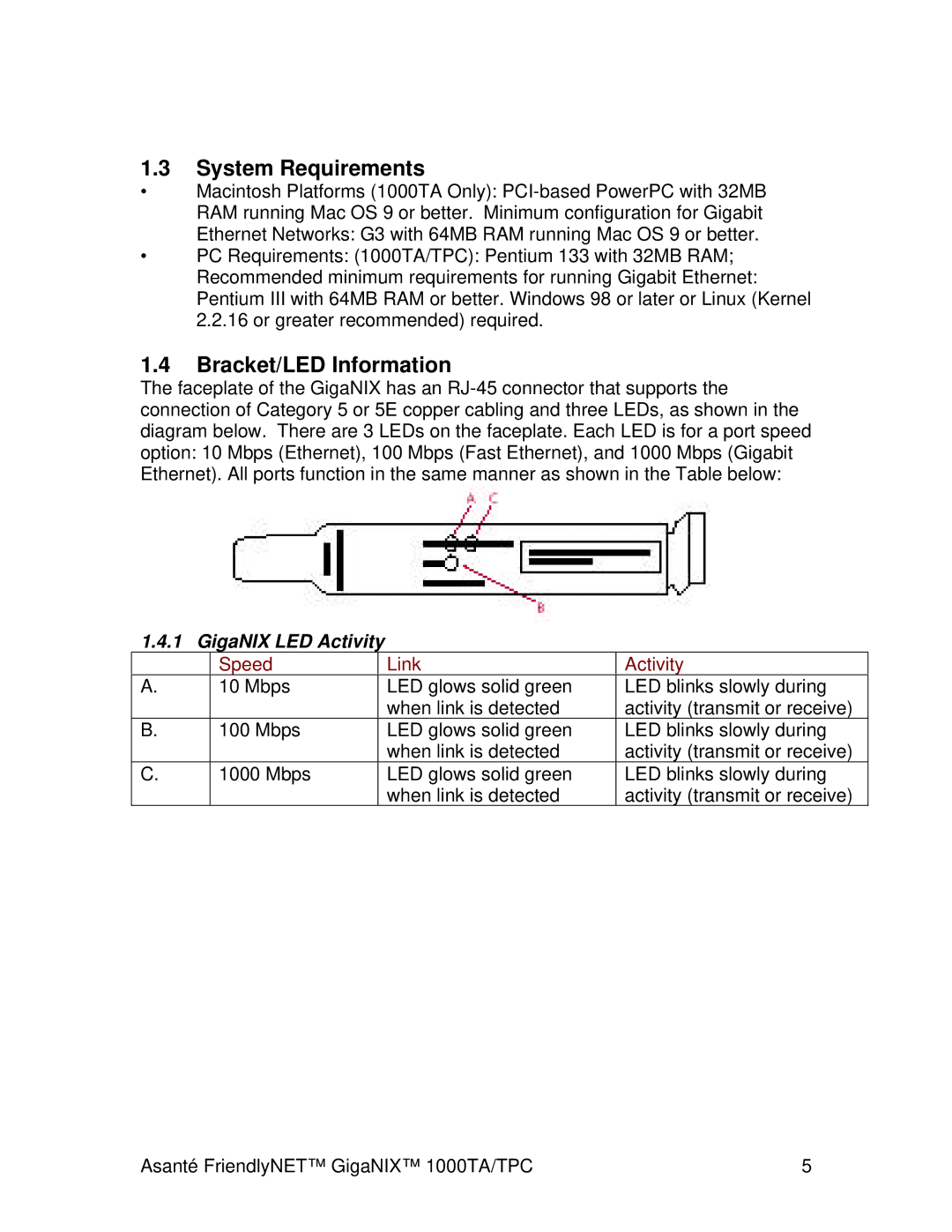 Cables to Go 1000TA/TPC user manual System Requirements, Bracket/LED Information 