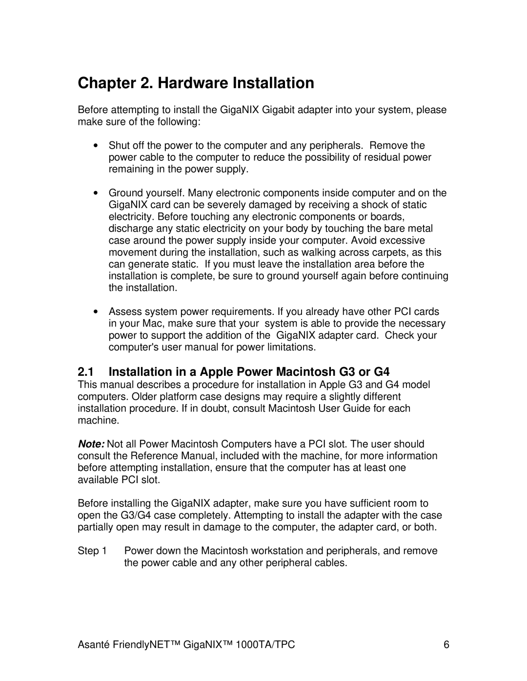 Cables to Go 1000TA/TPC user manual Hardware Installation, Installation in a Apple Power Macintosh G3 or G4 