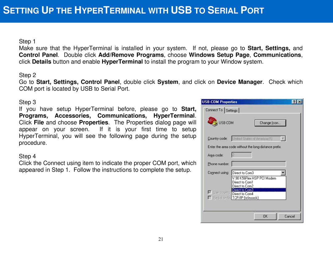 Cables to Go 28652 manual Setting UP the Hyperterminal with USB to Serial Port 