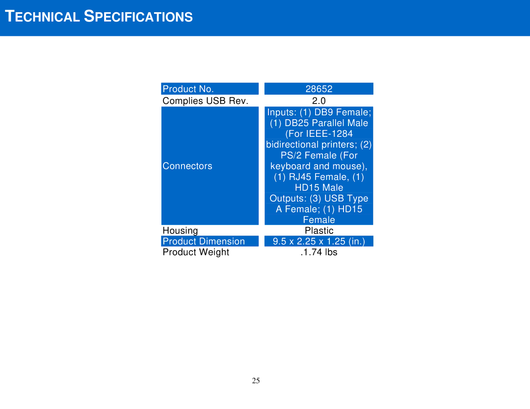 Cables to Go 28652 manual Technical Specifications 