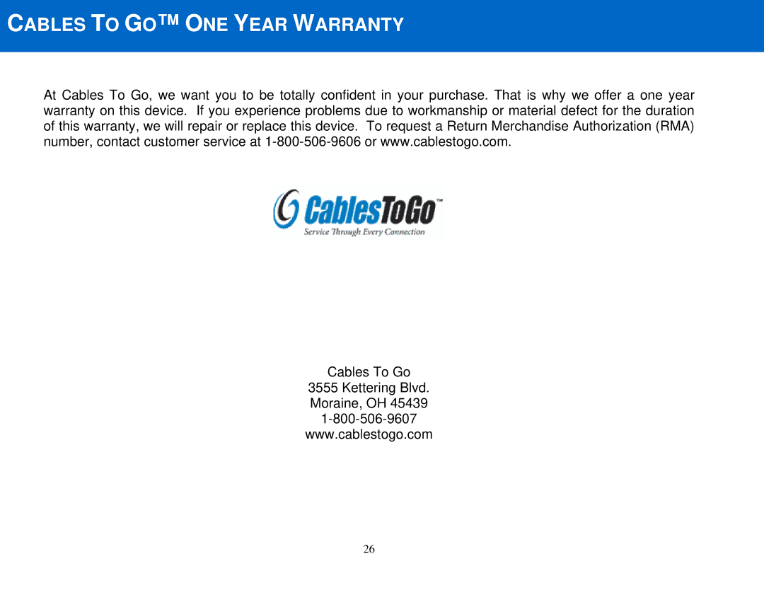 Cables to Go 28652 manual Cables to GO ONE Year Warranty 