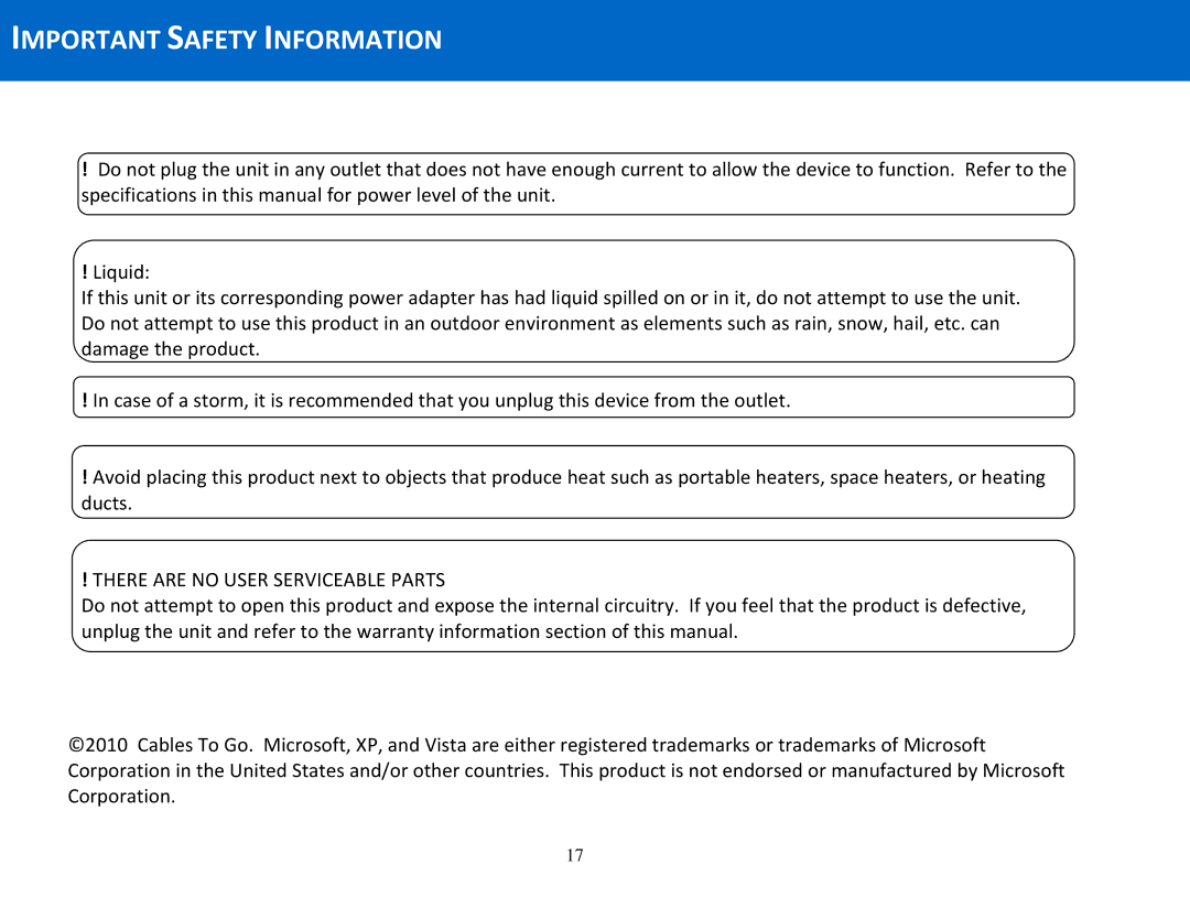 Cables to Go 29055 manual Important Safety Information, There are no User Serviceable Parts 