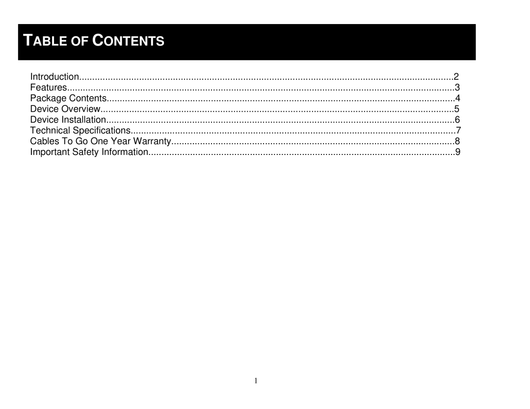 Cables to Go 29352 manual Table of Contents 